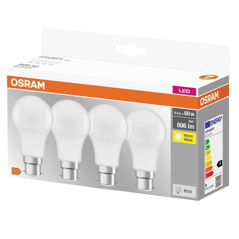 Osram 4pk Warm White LED Bulbs 9W=60W - LED BULBS - Beattys of Loughrea