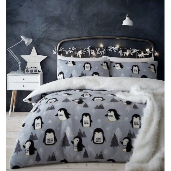 Catherine Lansfield Cosy Penguin Fleece Duvet Cover - Kingsize - DUVET COVERS - Beattys of Loughrea