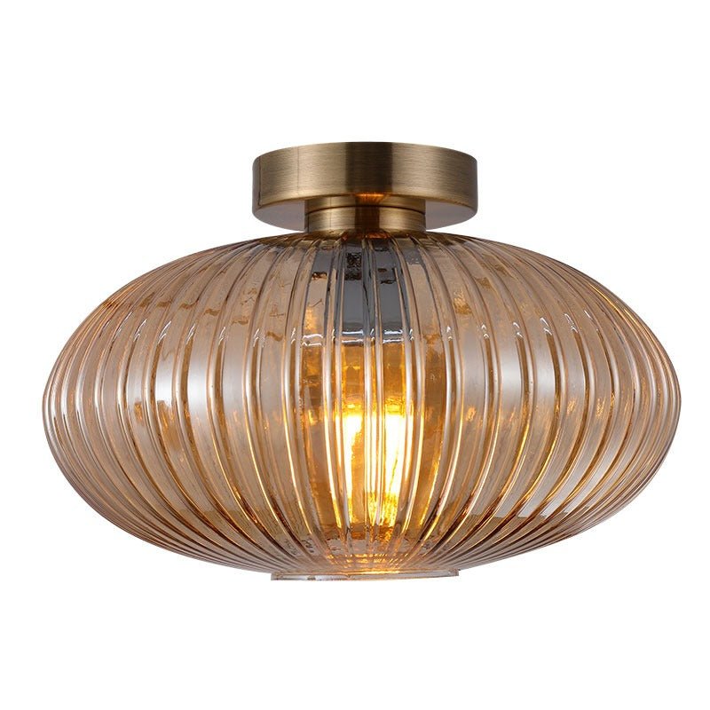 Antique Brass W/Ribbed Amber Glass Skytech Surface Ceiling Fitting - CEILING LIGHTS - Beattys of Loughrea