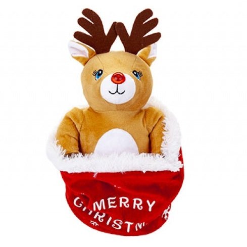 Peekaboo Reindeer In Sack With Flashing Nose 28cm - XMAS ROOM DECORATION LARGE AND LIGHT UP - Beattys of Loughrea