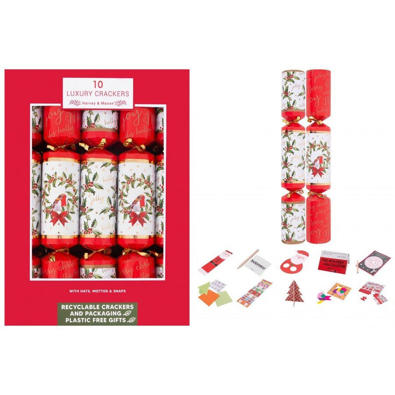 Harvey & Mason Box of 10 Luxury Holly/Robin 14" Crackers - XMAS ACCESSORIES - Beattys of Loughrea