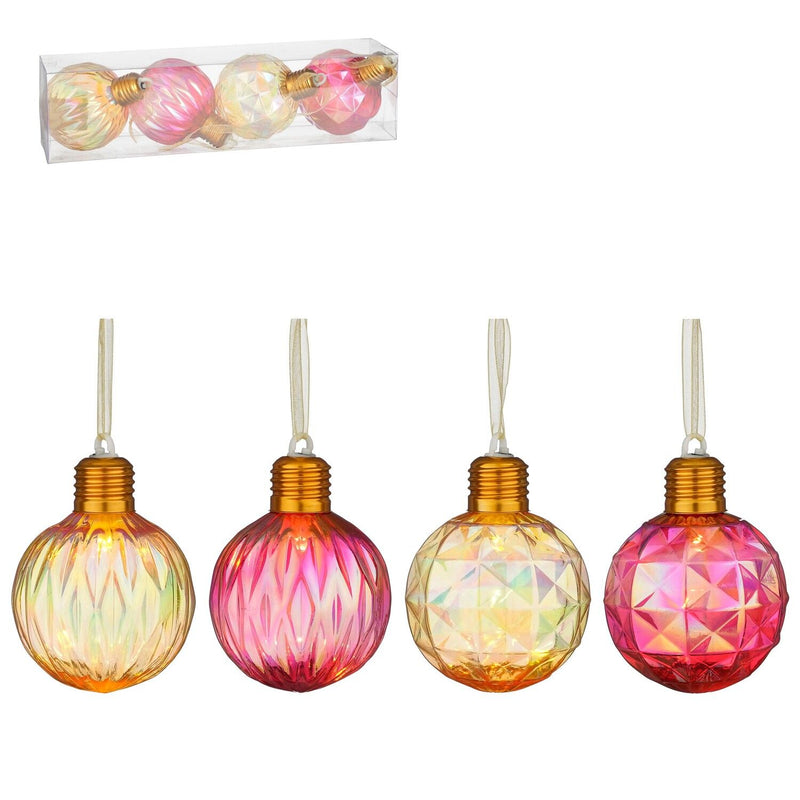 4pc Ornament Ball Red Gold LED Battery Operated 8cm - XMAS ROOM DECORATION LARGE AND LIGHT UP - Beattys of Loughrea