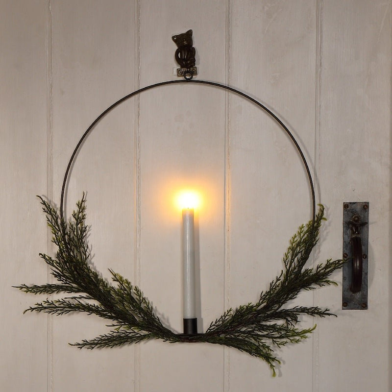 Noma 47cm Black Metal Foliage Wreath With Flickering Effect Wax Candle - XMAS ROOM DECORATION LARGE AND LIGHT UP - Beattys of Loughrea