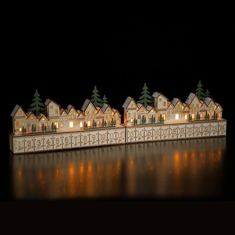 Noma Wooden Village Advent Calendar With 12 Warm White Leds - XMAS CERAMIC WOOD RESIN GLASS ORNAMENTS - Beattys of Loughrea