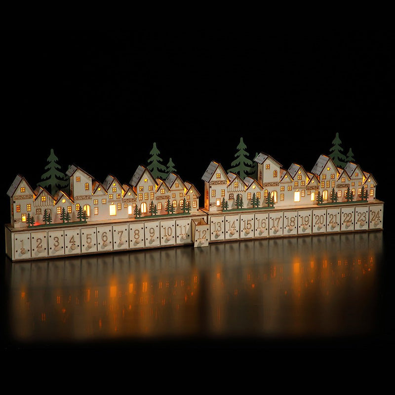 Noma Wooden Village Advent Calendar With 12 Warm White Leds - XMAS CERAMIC WOOD RESIN GLASS ORNAMENTS - Beattys of Loughrea