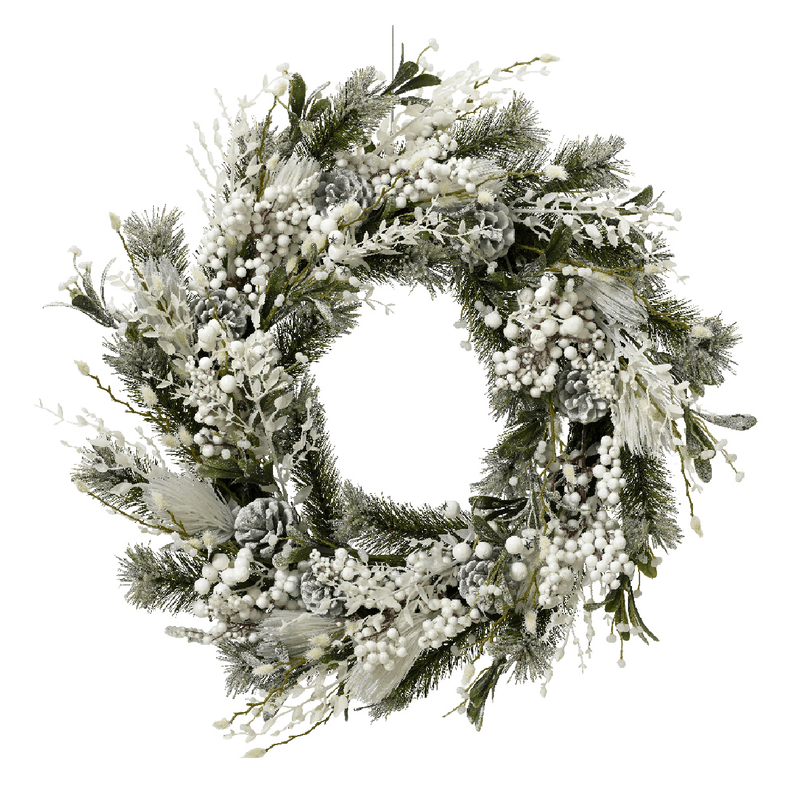 White Deco Frosted Wreath Frosted Indoor 60cm - XMAS WREATHS - Beattys of Loughrea