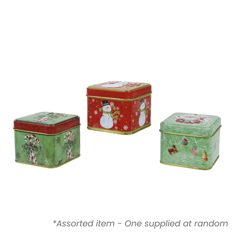 Christmas Candle in Square Tin Assorted - One Supplied* - XMAS CANDLES - Beattys of Loughrea