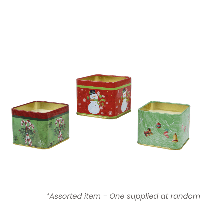 Christmas Candle in Square Tin Assorted - One Supplied* - XMAS CANDLES - Beattys of Loughrea