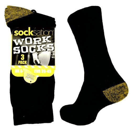 Men's 3 Pair Pack Socksation Work Socks Black Size: 6 - 11 (UK 39 - 45) - SOCKS - Beattys of Loughrea