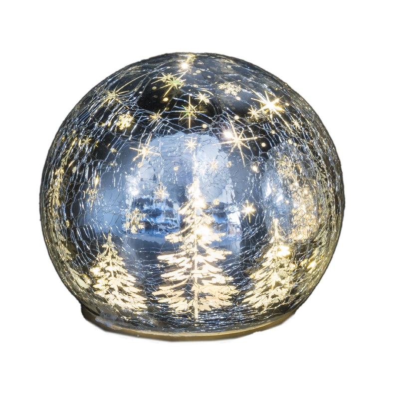 Silver Tree Silhouette Crackle Globe with LEDs Medium - XMAS ROOM DECORATION LARGE AND LIGHT UP - Beattys of Loughrea