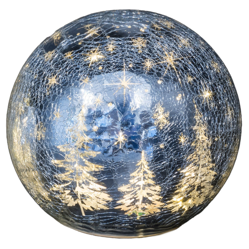 Silver Tree Silhouette Crackle Globe with LEDs Large - XMAS ROOM DECORATION LARGE AND LIGHT UP - Beattys of Loughrea