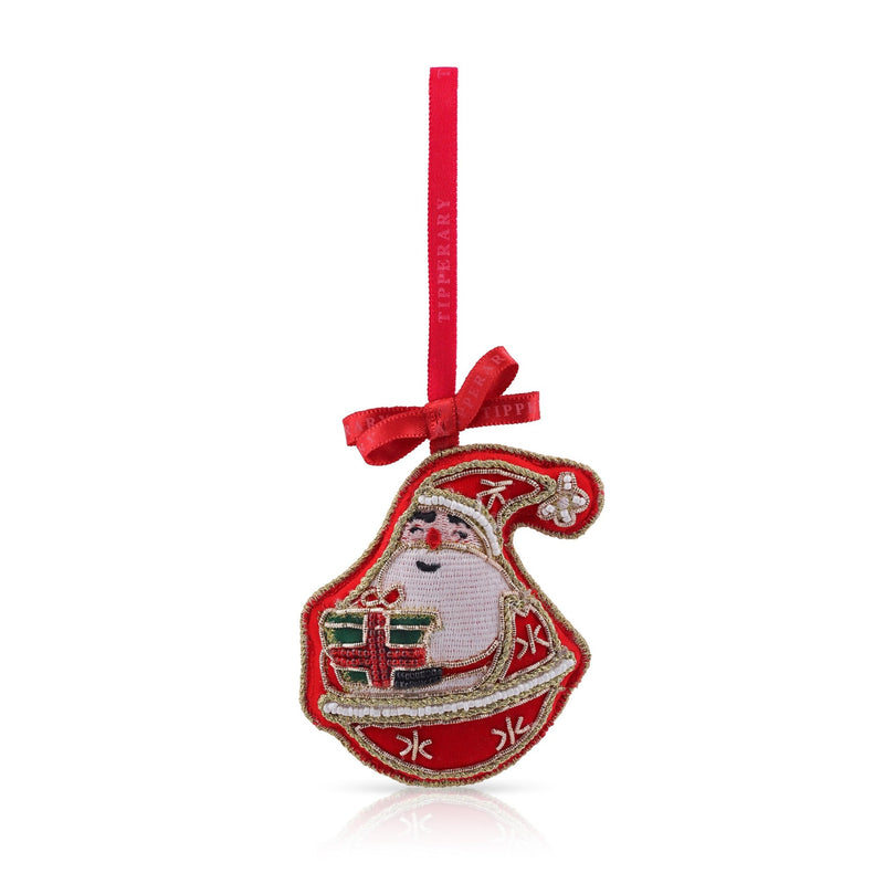 TIPPERARY CRYSTAL Santa Embroidery Hanging Christmas Decoration - XMAS CERAMIC WOOD RESIN GLASS ORNAMENTS - Beattys of Loughrea