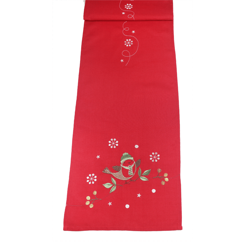 Peggy Wilkins Chirpy Red Robin Table Runner 190cm - TABLECLOTHS/RUNNERS - Beattys of Loughrea