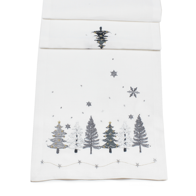 Peggy Wilkins Metallic Trees White Christmas Table Runner 190cm - TABLECLOTHS/RUNNERS - Beattys of Loughrea