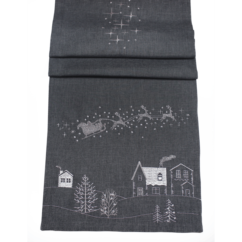 Peggy Wilkins Santa's Ride Pewter/Silver Christmas Table Runner 190cm - TABLECLOTHS/RUNNERS - Beattys of Loughrea