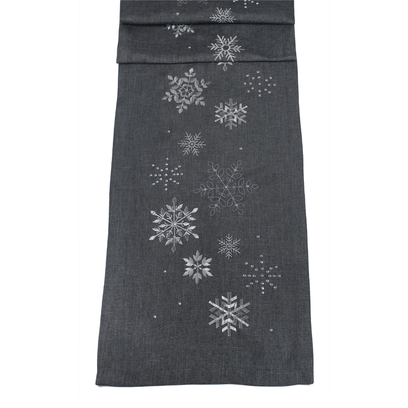 Peggy Wilkins Snowflake Surprise Pewter/Silver Christmas Table Runner 190cm - TABLECLOTHS/RUNNERS - Beattys of Loughrea