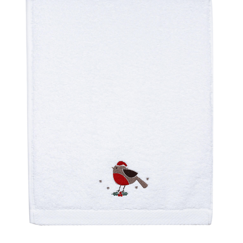 Peggy Wilkins Festive Robin Embroidered Guest Towel 30x50cm - TOWELS FACECLOTHS - Beattys of Loughrea