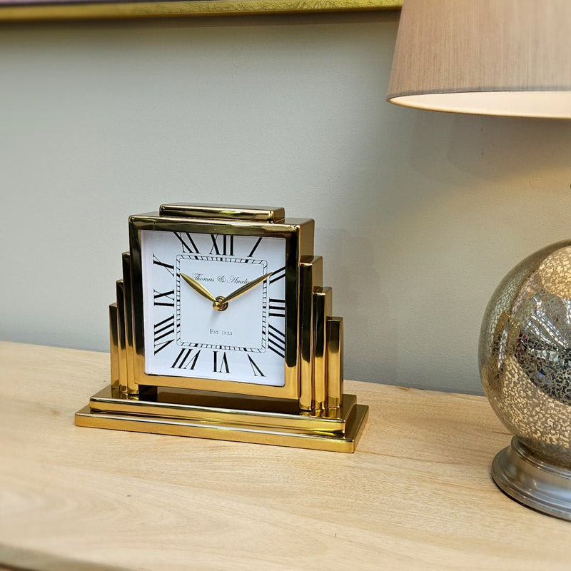 Thomas and Ameila Art Deco Mantel Clock Gold 26cm - CLOCKS - Beattys of Loughrea