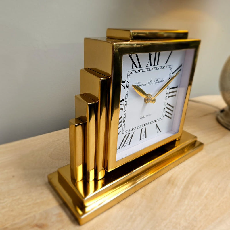 Thomas and Ameila Art Deco Mantel Clock Gold 26cm - CLOCKS - Beattys of Loughrea