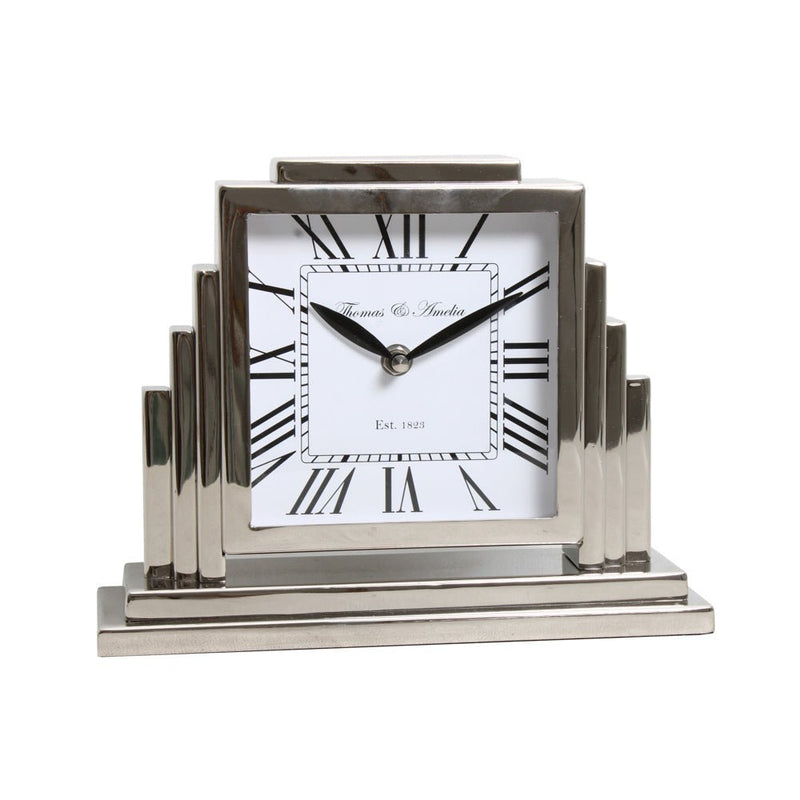 Thomas and Ameila Art Deco Mantle Clock Silver 26cm - CLOCKS - Beattys of Loughrea