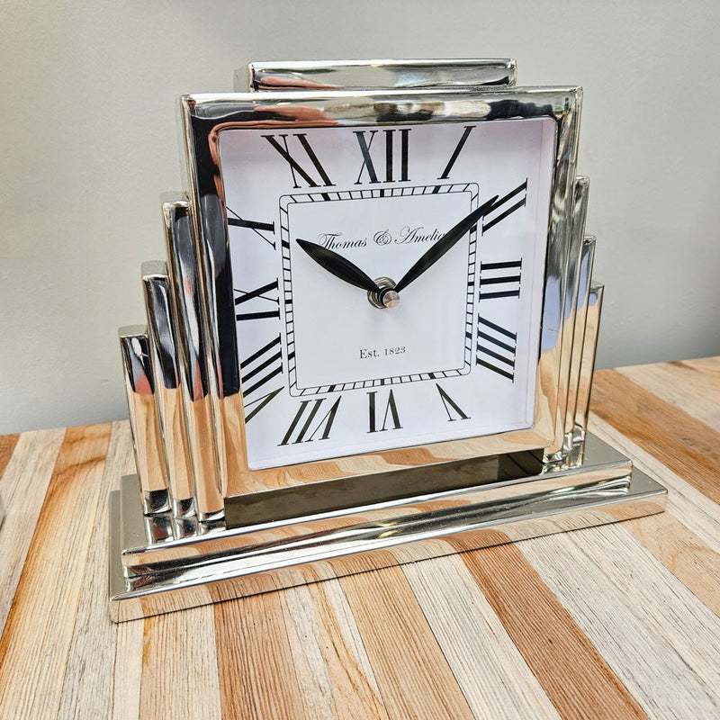 Thomas and Ameila Art Deco Mantle Clock Silver 26cm - CLOCKS - Beattys of Loughrea