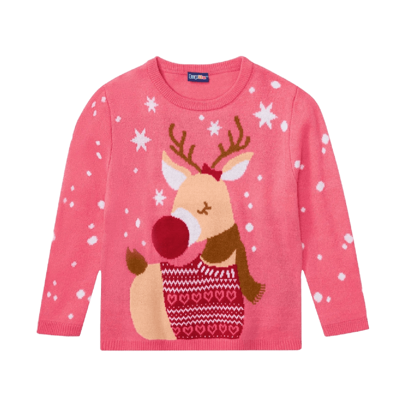 Kids Christmas Jumper Pink Reindeer Age 2 - 4 - XMAS CLOTHING Christmas clothing human and pet - Beattys of Loughrea