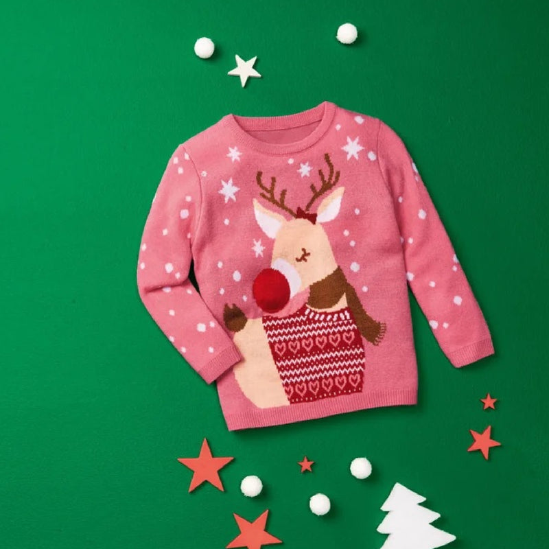 Kids Christmas Jumper Pink Reindeer Age 2 - 4 - XMAS CLOTHING Christmas clothing human and pet - Beattys of Loughrea