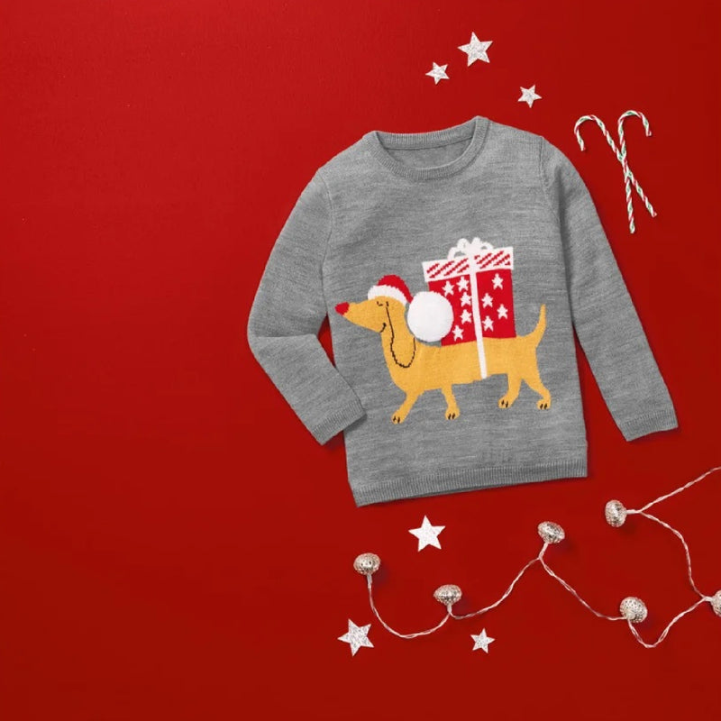 Kids Christmas Jumper Dog with Present Age 4 - 6 - XMAS CLOTHING Christmas clothing human and pet - Beattys of Loughrea