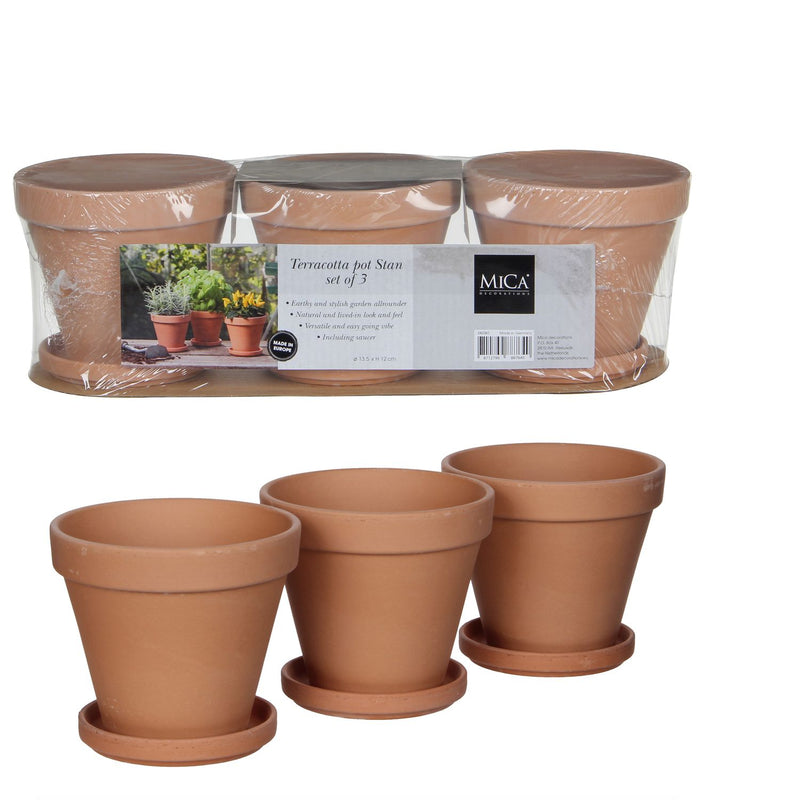 Mica Decorations Set of 3 Terracotta Pots with Saucers 13.5 x 12cm - PLASTIC FLOWER POT - Beattys of Loughrea