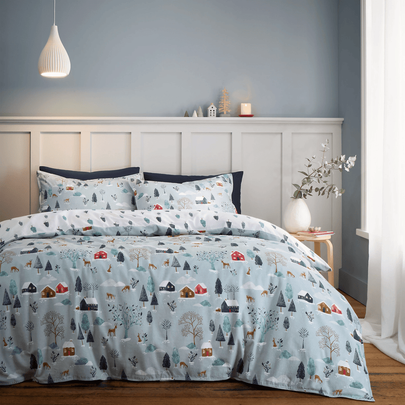 Bianca Brushed Cotton Reversible Winter Scene Duvet Cover Set Double - DUVET COVERS - Beattys of Loughrea