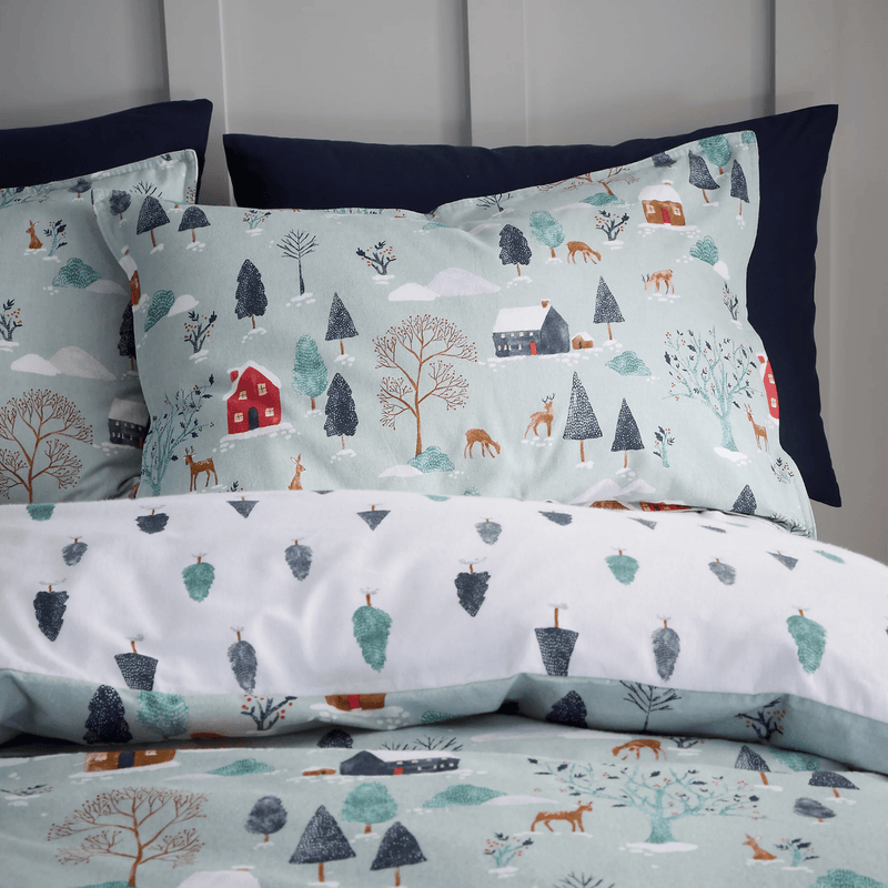 Bianca Brushed Cotton Reversible Winter Scene Duvet Cover Set Double - DUVET COVERS - Beattys of Loughrea