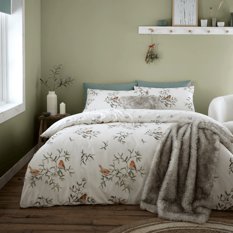 Bianca Brushed Cotton Mistletoe Robins Reversible Duvet Cover Set Single - DUVET COVERS - Beattys of Loughrea