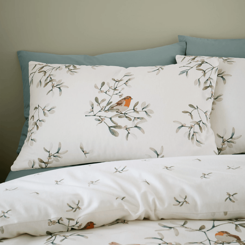 Bianca Brushed Cotton Mistletoe Robins Reversible Duvet Cover Set Single - DUVET COVERS - Beattys of Loughrea