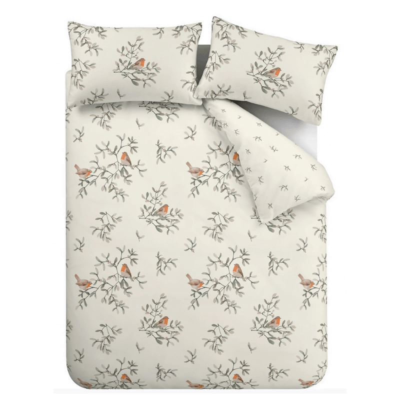 Bianca Brushed Cotton Mistletoe Robins Reversible Duvet Cover Set Single - DUVET COVERS - Beattys of Loughrea