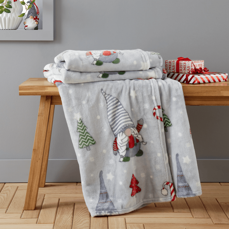 Catherine Lansfield Cosy Gnomes Fleece Throw Grey 130 x 170cm - THROWS/BLANKETS - Beattys of Loughrea