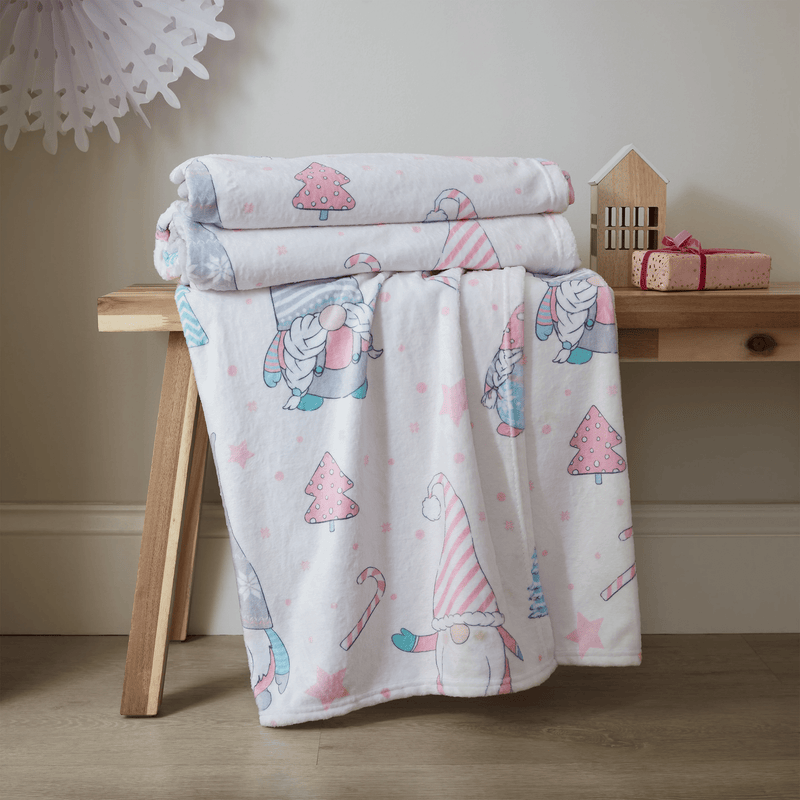 Catherine Lansfield Cosy Gnomes Fleece Throw Pink 130 x 170cm - THROWS/BLANKETS - Beattys of Loughrea