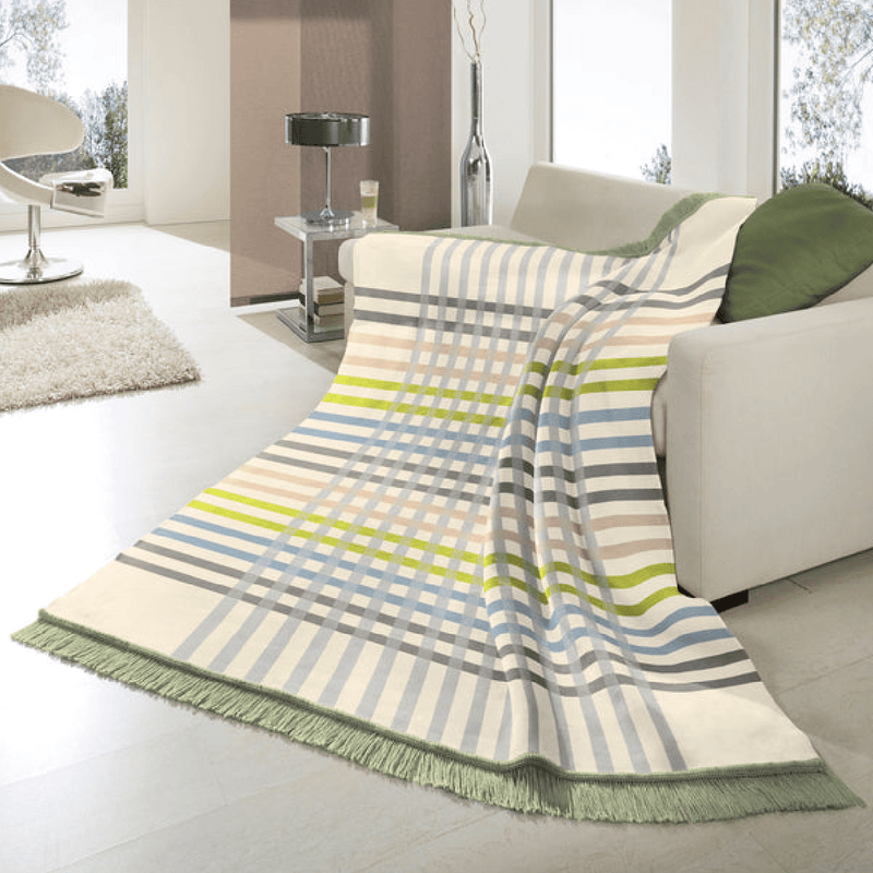 Biederlack Cotton Rich Border Check Blanket Celery Green 140 x 180cm - THROWS/BLANKETS - Beattys of Loughrea