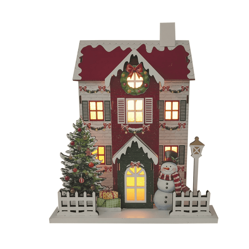 LED Wooden Christmas House with Red Roof 20 x 24cm - XMAS ROOM DECORATION LARGE AND LIGHT UP - Beattys of Loughrea