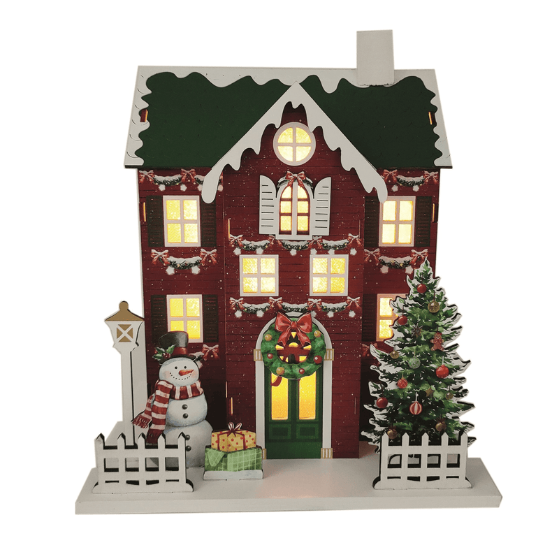 LED Wooden Christmas House with Green Roof 20 x 24cm - XMAS ROOM DECORATION LARGE AND LIGHT UP - Beattys of Loughrea