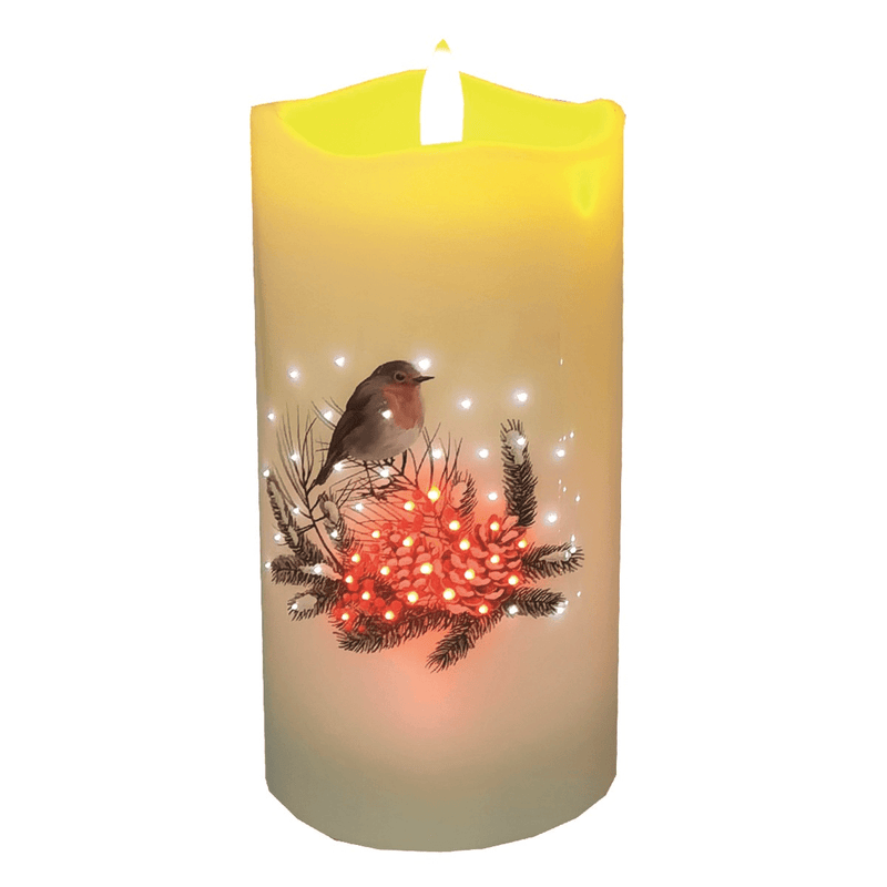 LED Festive Robin Candle 7.5 x 15cm - XMAS ROOM DECORATION LARGE AND LIGHT UP - Beattys of Loughrea