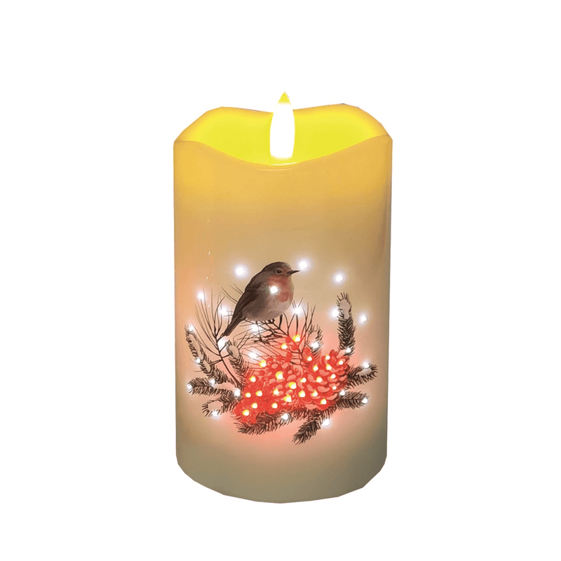 LED Festive Robin Candle 7.5 x 12.5cm - XMAS ROOM DECORATION LARGE AND LIGHT UP - Beattys of Loughrea