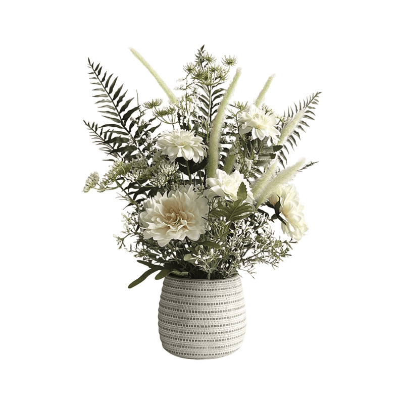 Artificial White Flower Arrangement in Textured Pot 50cm - FLOWERPOT/VASE/JUG 1 - Beattys of Loughrea