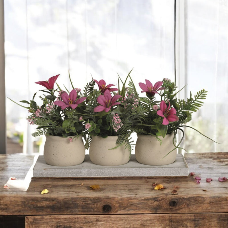 Trio of Pink and Green Floral Arrangements on a Wooden Tray 31x21cm - FLOWERPOT/VASE/JUG 1 - Beattys of Loughrea