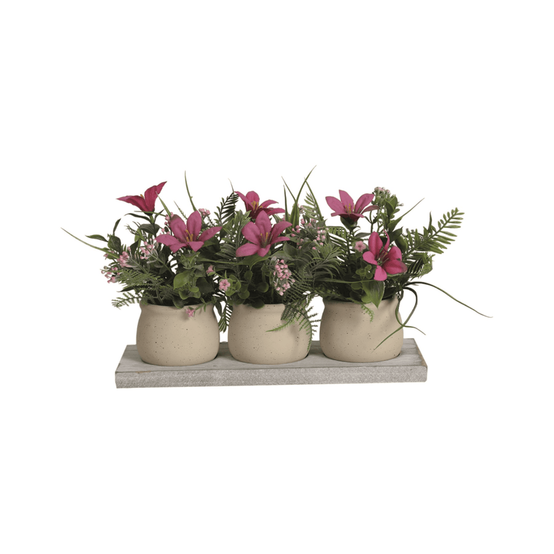 Trio of Pink and Green Floral Arrangements on a Wooden Tray 31x21cm - FLOWERPOT/VASE/JUG 1 - Beattys of Loughrea