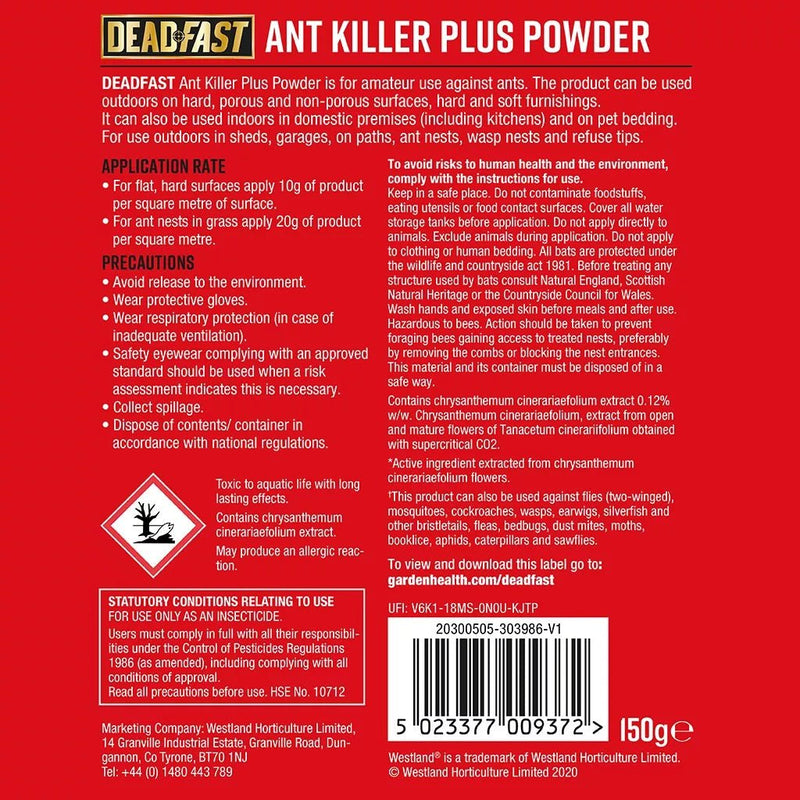 Deadfast Ant Killer Plus Powder 150g - INSECTICIDE/SMOKE CANE - Beattys of Loughrea