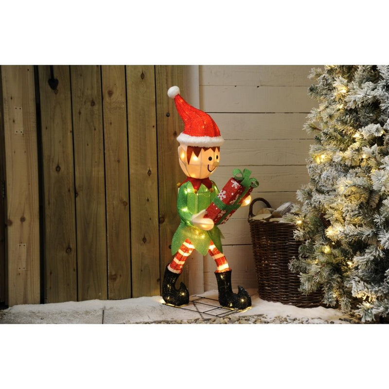 Festive LED Lit Elf With Giftbox - 107cm P046219