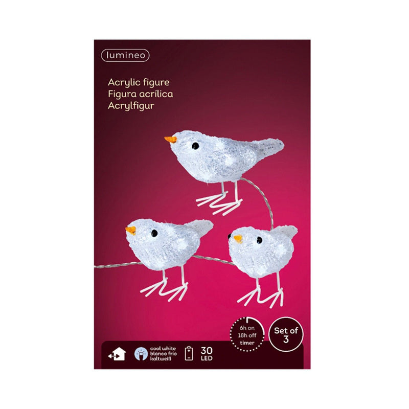 Set of 3 LED Bird Acrylic Steady Battery Operated - XMAS ROOM DECORATION LARGE AND LIGHT UP - Beattys of Loughrea