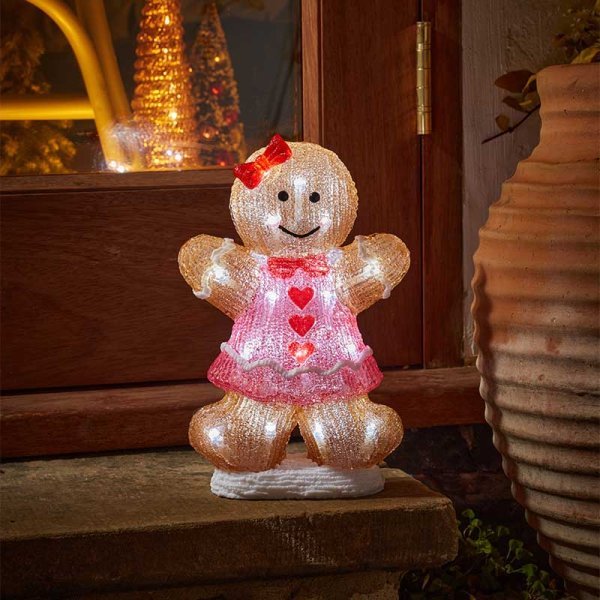 Inlit Ice Gingerbread Girl 30cm Battery Operated - XMAS ROOM DECORATION LARGE AND LIGHT UP - Beattys of Loughrea