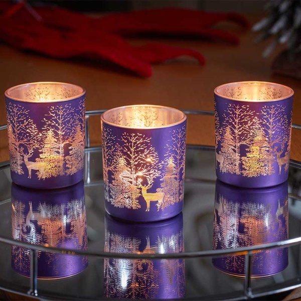 Wonderland T - Light Holders 3pk, Purple - XMAS CERAMIC WOOD RESIN GLASS ORNAMENTS - Beattys of Loughrea