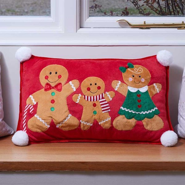 Gingerbread Family Cushion - Red - CUSHIONS/COVERS - Beattys of Loughrea